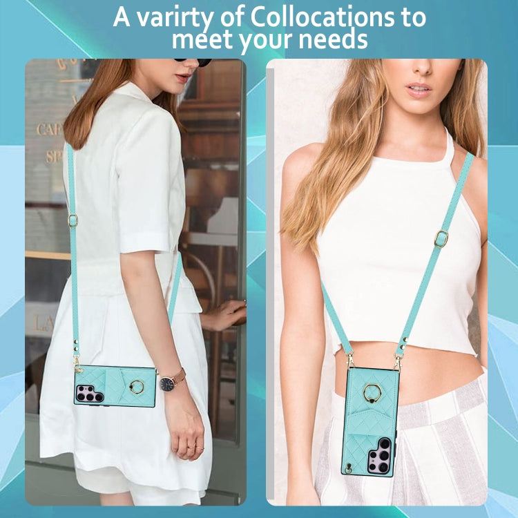 For Samsung Galaxy S23 Ultra 5G Rhombic Texture Card Bag Phone Case with Long Lanyard(Mint Green) - Galaxy S23 Ultra 5G Cases by buy2fix | Online Shopping UK | buy2fix