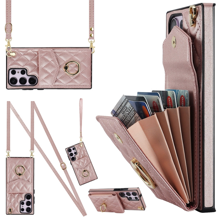 For Samsung Galaxy S23 Ultra 5G Rhombic Texture Card Bag Phone Case with Long Lanyard(Rose Gold) - Galaxy S23 Ultra 5G Cases by buy2fix | Online Shopping UK | buy2fix