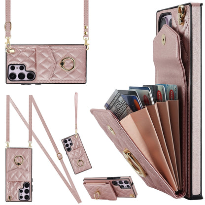 For Samsung Galaxy S23 Ultra 5G Rhombic Texture Card Bag Phone Case with Long Lanyard(Rose Gold) - Galaxy S23 Ultra 5G Cases by buy2fix | Online Shopping UK | buy2fix