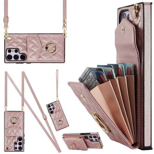 For Samsung Galaxy S23 Ultra 5G Rhombic Texture Card Bag Phone Case with Long Lanyard(Rose Gold) - Galaxy S23 Ultra 5G Cases by buy2fix | Online Shopping UK | buy2fix