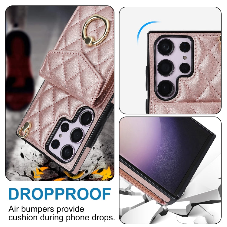 For Samsung Galaxy S23 Ultra 5G Rhombic Texture Card Bag Phone Case with Long Lanyard(Rose Gold) - Galaxy S23 Ultra 5G Cases by buy2fix | Online Shopping UK | buy2fix