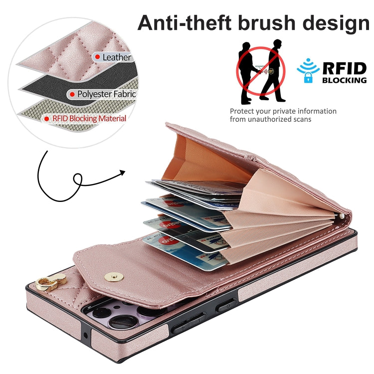 For Samsung Galaxy S23 Ultra 5G Rhombic Texture Card Bag Phone Case with Long Lanyard(Rose Gold) - Galaxy S23 Ultra 5G Cases by buy2fix | Online Shopping UK | buy2fix