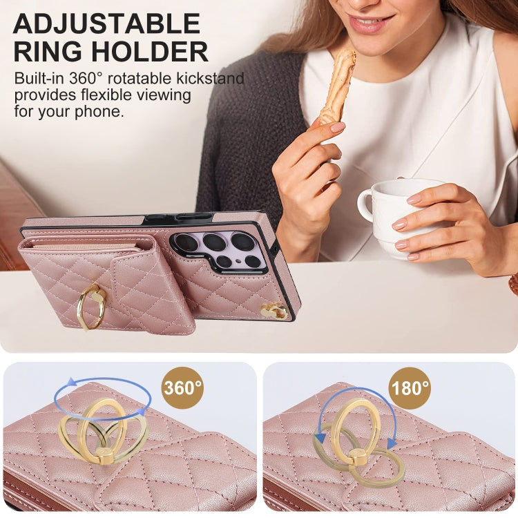 For Samsung Galaxy S23 Ultra 5G Rhombic Texture Card Bag Phone Case with Long Lanyard(Rose Gold) - Galaxy S23 Ultra 5G Cases by buy2fix | Online Shopping UK | buy2fix