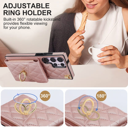 For Samsung Galaxy S23 Ultra 5G Rhombic Texture Card Bag Phone Case with Long Lanyard(Rose Gold) - Galaxy S23 Ultra 5G Cases by buy2fix | Online Shopping UK | buy2fix