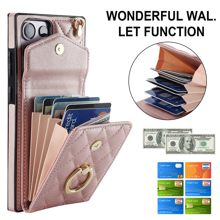 For Samsung Galaxy S23 Ultra 5G Rhombic Texture Card Bag Phone Case with Long Lanyard(Rose Gold) - Galaxy S23 Ultra 5G Cases by buy2fix | Online Shopping UK | buy2fix