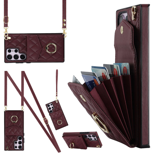 For Samsung Galaxy S23 Ultra 5G Rhombic Texture Card Bag Phone Case with Long Lanyard(Wine Red) - Galaxy S23 Ultra 5G Cases by buy2fix | Online Shopping UK | buy2fix