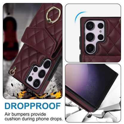For Samsung Galaxy S23 Ultra 5G Rhombic Texture Card Bag Phone Case with Long Lanyard(Wine Red) - Galaxy S23 Ultra 5G Cases by buy2fix | Online Shopping UK | buy2fix