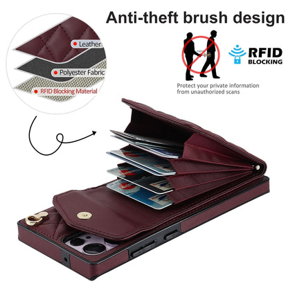For Samsung Galaxy S23 Ultra 5G Rhombic Texture Card Bag Phone Case with Long Lanyard(Wine Red) - Galaxy S23 Ultra 5G Cases by buy2fix | Online Shopping UK | buy2fix