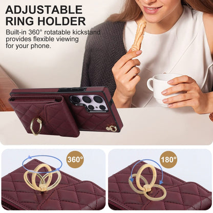 For Samsung Galaxy S23 Ultra 5G Rhombic Texture Card Bag Phone Case with Long Lanyard(Wine Red) - Galaxy S23 Ultra 5G Cases by buy2fix | Online Shopping UK | buy2fix