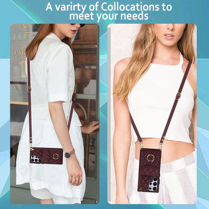 For Samsung Galaxy S23 Ultra 5G Rhombic Texture Card Bag Phone Case with Long Lanyard(Wine Red) - Galaxy S23 Ultra 5G Cases by buy2fix | Online Shopping UK | buy2fix