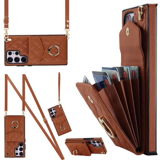 For Samsung Galaxy S23 Ultra 5G Rhombic Texture Card Bag Phone Case with Long Lanyard(Brown) - Galaxy S23 Ultra 5G Cases by buy2fix | Online Shopping UK | buy2fix