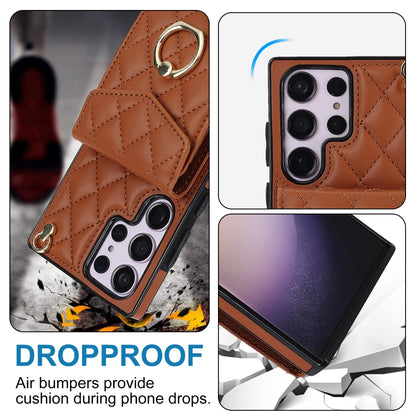 For Samsung Galaxy S23 Ultra 5G Rhombic Texture Card Bag Phone Case with Long Lanyard(Brown) - Galaxy S23 Ultra 5G Cases by buy2fix | Online Shopping UK | buy2fix