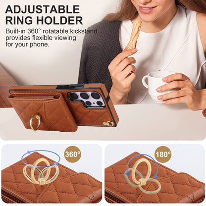 For Samsung Galaxy S23 Ultra 5G Rhombic Texture Card Bag Phone Case with Long Lanyard(Brown) - Galaxy S23 Ultra 5G Cases by buy2fix | Online Shopping UK | buy2fix