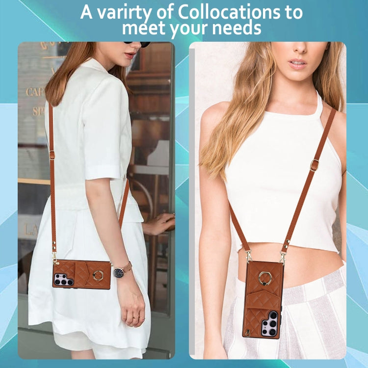 For Samsung Galaxy S23 Ultra 5G Rhombic Texture Card Bag Phone Case with Long Lanyard(Brown) - Galaxy S23 Ultra 5G Cases by buy2fix | Online Shopping UK | buy2fix