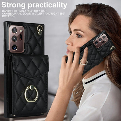 For Samsung Galaxy Note20 Ultra Rhombic Texture Card Bag Phone Case with Long Lanyard(Black) by buy2fix