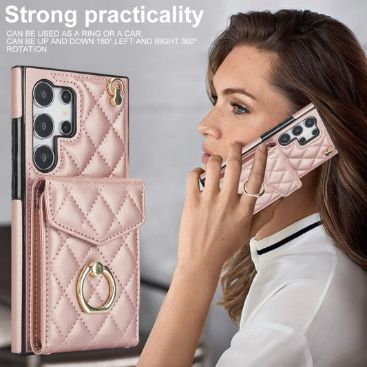 For Samsung Galaxy S24 Ultra 5G Rhombic Texture Card Bag Phone Case with Long Lanyard(Rose Gold) - Galaxy S24 Ultra 5G Cases by buy2fix | Online Shopping UK | buy2fix