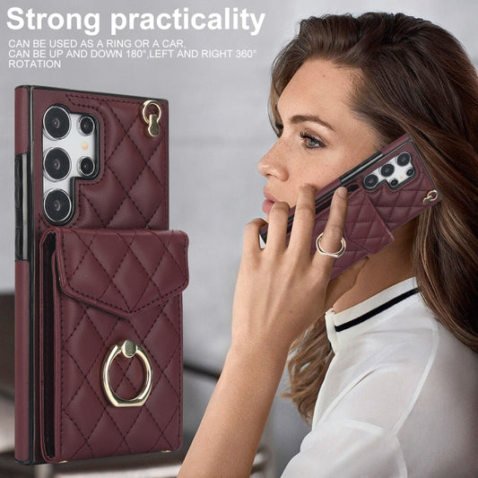 For Samsung Galaxy S24 Ultra 5G Rhombic Texture Card Bag Phone Case with Long Lanyard(Wine Red) - Galaxy S24 Ultra 5G Cases by buy2fix | Online Shopping UK | buy2fix