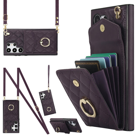 For Samsung Galaxy S24 Ultra 5G Rhombic Texture Card Bag Phone Case with Long Lanyard(Dark Purple)
