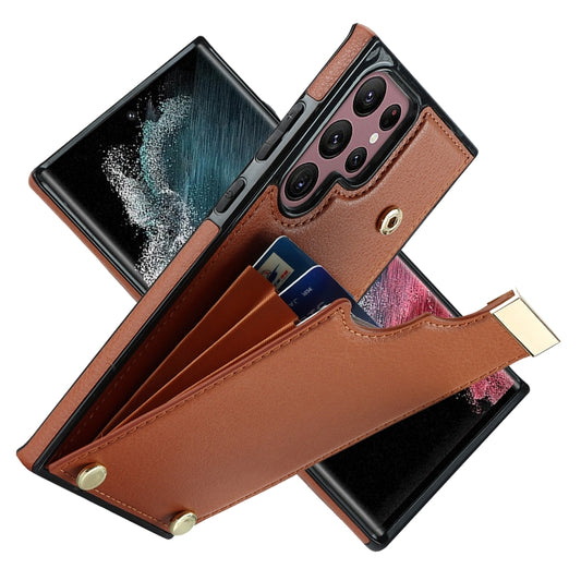 For Samsung Galaxy S22 Ultra 5G Metal Buckle Card Slots Phone Case(Brown) by buy2fix