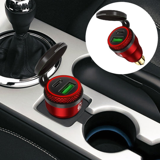 Chargeur USB à charge rapide QC 3.0 + PD en alliage d'aluminium de petit calibre de style européen pour moto, couleur de la coque: rouge (lumière rouge)