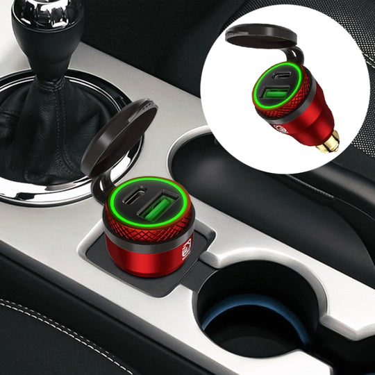 Chargeur USB à charge rapide QC 3.0 + PD en alliage d'aluminium de petit calibre de style européen pour moto, couleur de la coque: rouge (lumière verte)