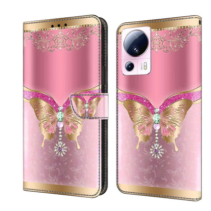 For Xiaomi 13 Lite Crystal 3D Shockproof Protective Leather Phone Case(Pink Bottom Butterfly) - Xiaomi Cases by buy2fix | Online Shopping UK | buy2fix