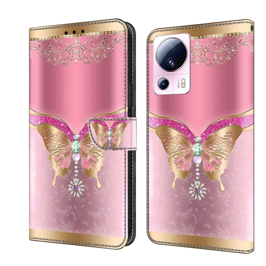 For Xiaomi 13 Lite Crystal 3D Shockproof Protective Leather Phone Case(Pink Bottom Butterfly) - Xiaomi Cases by buy2fix | Online Shopping UK | buy2fix