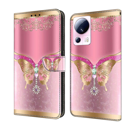 For Xiaomi 13 Lite Crystal 3D Shockproof Protective Leather Phone Case(Pink Bottom Butterfly)