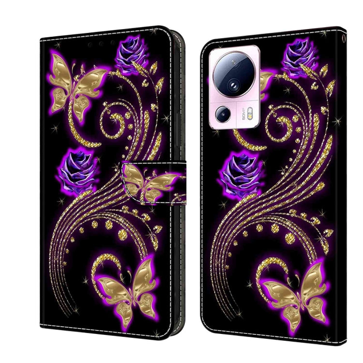 For Xiaomi 13 Lite Crystal 3D Shockproof Protective Leather Phone Case(Purple Flower Butterfly) - Xiaomi Cases by buy2fix | Online Shopping UK | buy2fix