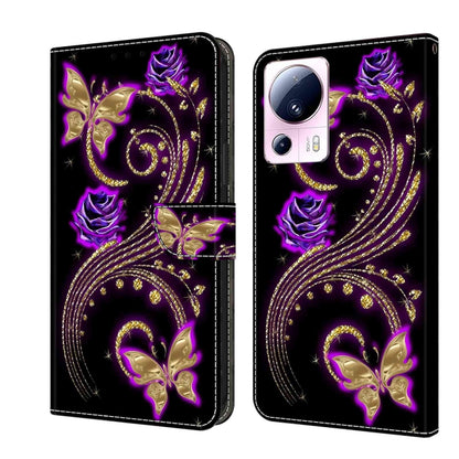 For Xiaomi 13 Lite Crystal 3D Shockproof Protective Leather Phone Case(Purple Flower Butterfly) - Xiaomi Cases by buy2fix | Online Shopping UK | buy2fix