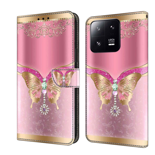 For Xiaomi 13 Pro Crystal 3D Shockproof Protective Leather Phone Case(Pink Bottom Butterfly) - Xiaomi Cases by buy2fix | Online Shopping UK | buy2fix