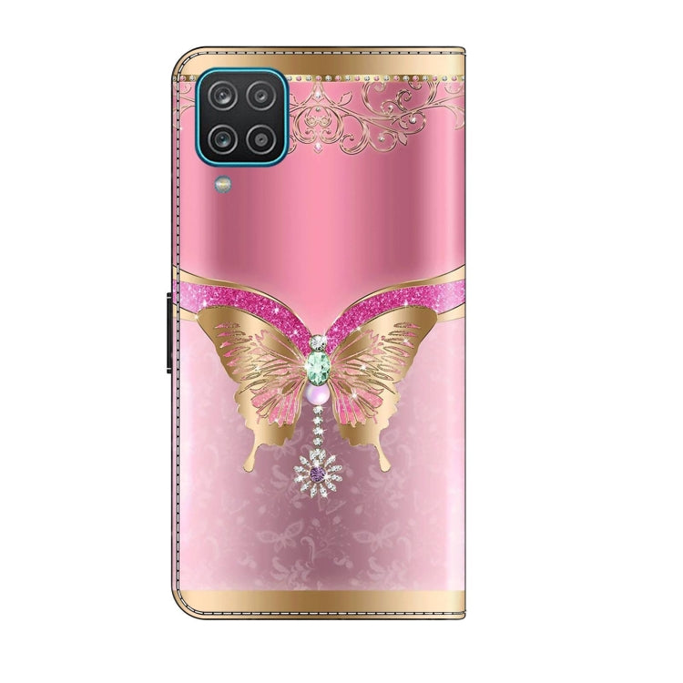 For Samsung Galaxy A12 4G / 5G Crystal 3D Shockproof Protective Leather Phone Case(Pink Bottom Butterfly) - Galaxy Phone Cases by buy2fix | Online Shopping UK | buy2fix