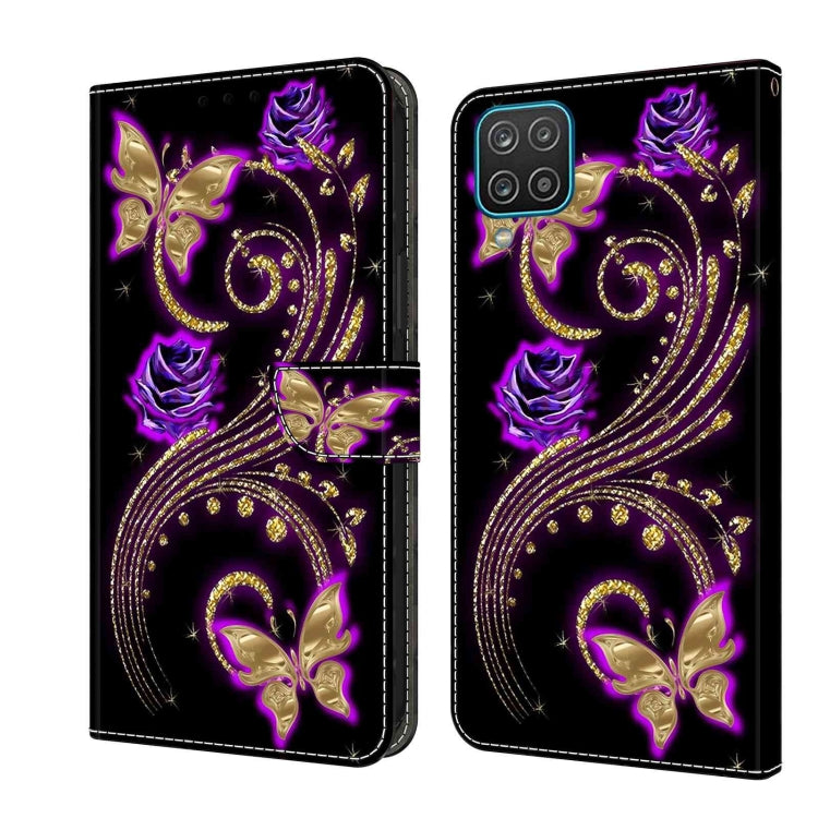 For Samsung Galaxy A12 4G / 5G Crystal 3D Shockproof Protective Leather Phone Case(Purple Flower Butterfly) by buy2fix