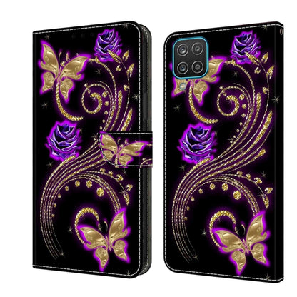 For Samsung Galaxy A12 4G / 5G Crystal 3D Shockproof Protective Leather Phone Case(Purple Flower Butterfly) by buy2fix
