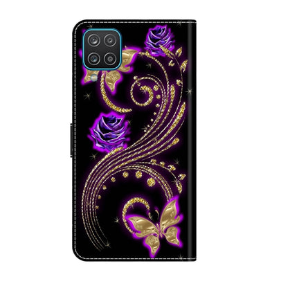 For Samsung Galaxy A12 4G / 5G Crystal 3D Shockproof Protective Leather Phone Case(Purple Flower Butterfly) by buy2fix