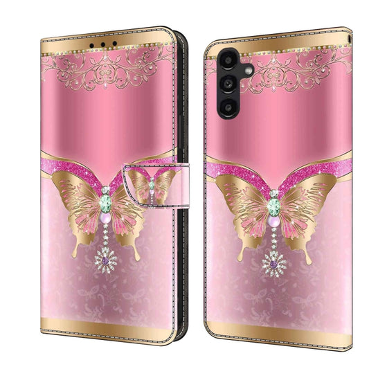 For Samsung Galaxy A14 4G / 5G Crystal 3D Shockproof Protective Leather Phone Case(Pink Bottom Butterfly) by buy2fix
