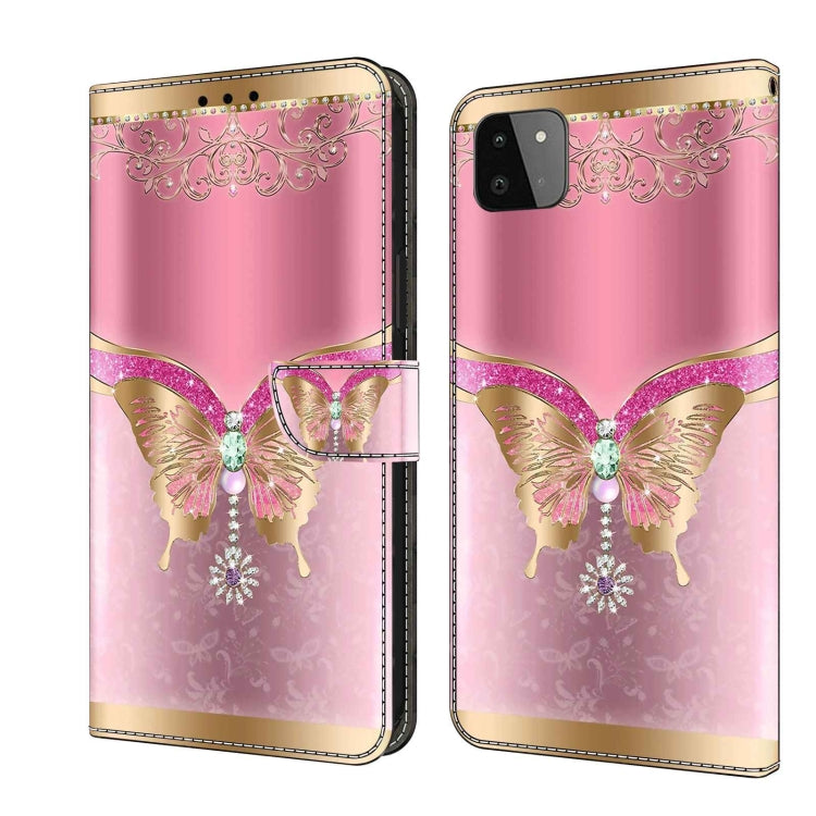 For Samsung Galaxy A22 5G Crystal 3D Shockproof Protective Leather Phone Case(Pink Bottom Butterfly) by buy2fix