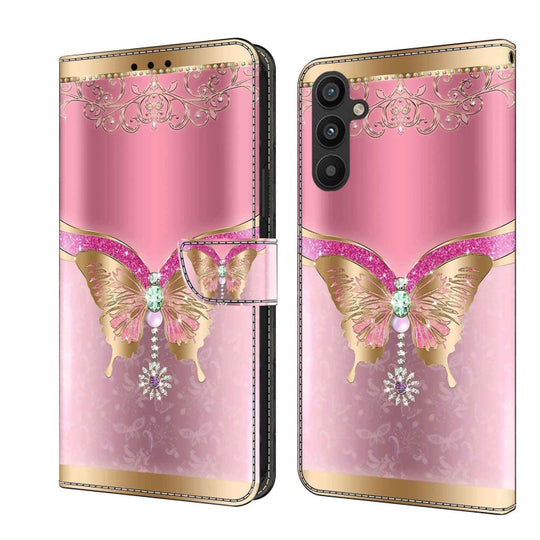 Pour Samsung Galaxy A34 5G Crystal 3D Étui de protection en cuir de protection antichoc (papillon inférieur rose)