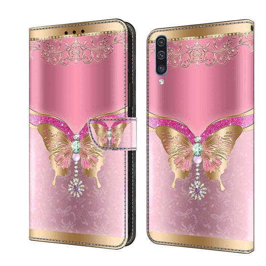 For Samsung Galaxy A50 Crystal 3D Shockproof Protective Leather Phone Case(Pink Bottom Butterfly)