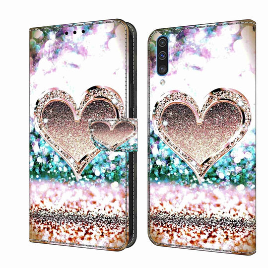 For Samsung Galaxy A50 Crystal 3D Shockproof Protective Leather Phone Case(Pink Diamond Heart)