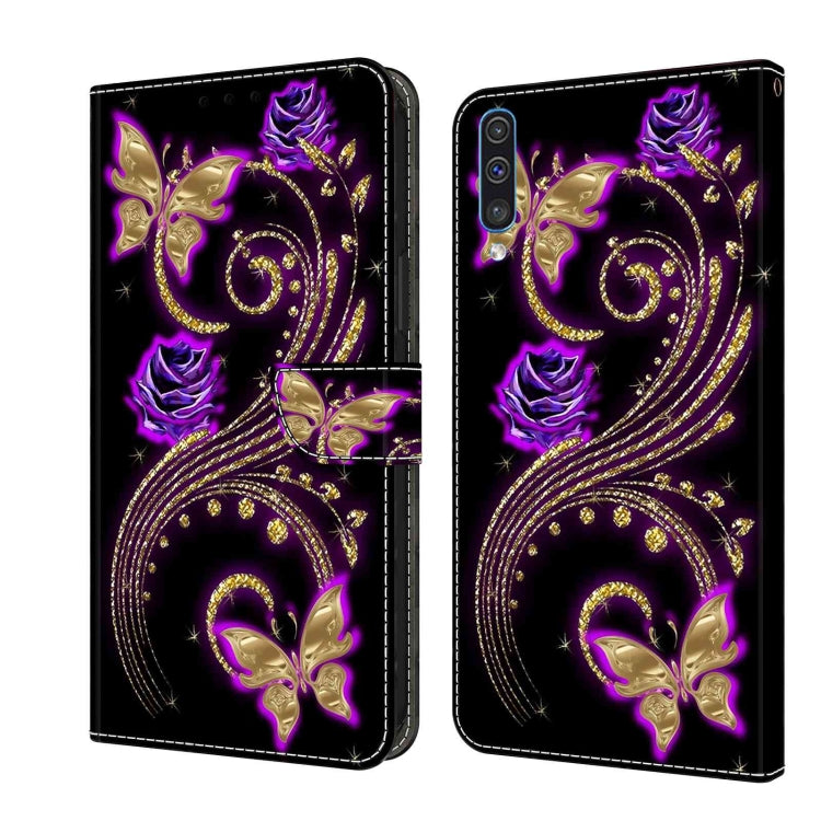 For Samsung Galaxy A50 Crystal 3D Shockproof Protective Leather Phone Case(Purple Flower Butterfly) by buy2fix