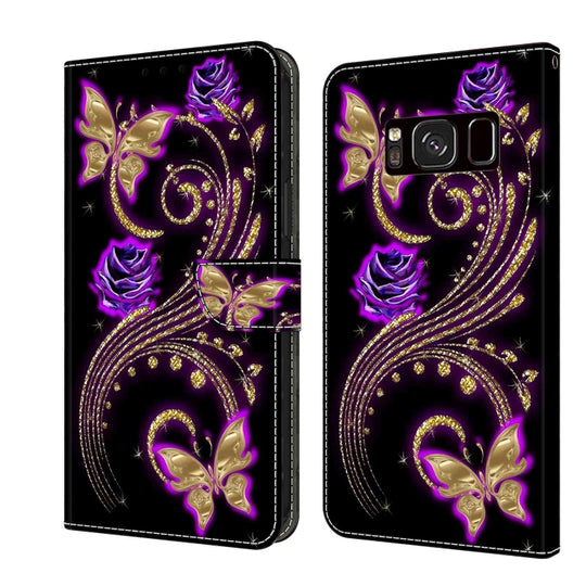 For Samsung Galaxy S8 Crystal 3D Shockproof Protective Leather Phone Case(Purple Flower Butterfly)