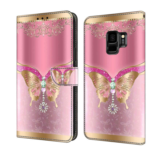 For Samsung Galaxy S9 Crystal 3D Shockproof Protective Leather Phone Case(Pink Bottom Butterfly) by buy2fix
