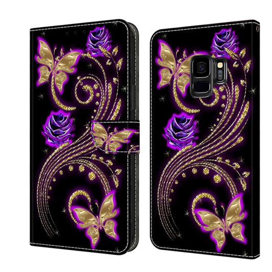 For Samsung Galaxy S9 Crystal 3D Shockproof Protective Leather Phone Case(Purple Flower Butterfly) by buy2fix