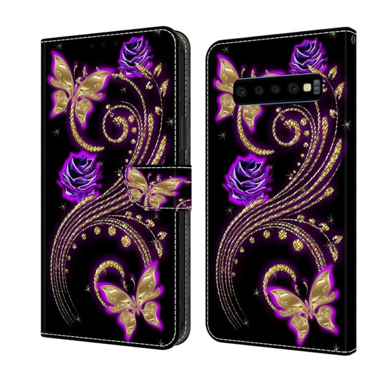 For Samsung Galaxy S10 Crystal 3D Shockproof Protective Leather Phone Case(Purple Flower Butterfly)