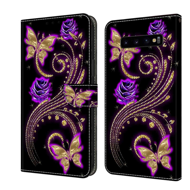 For Samsung Galaxy S10+ Crystal 3D Shockproof Protective Leather Phone Case(Purple Flower Butterfly) by buy2fix
