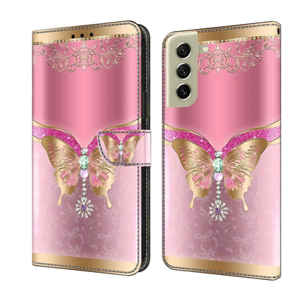 For Samsung Galaxy S21 FE 5G Crystal 3D Shockproof Protective Leather Phone Case(Pink Bottom Butterfly) by buy2fix