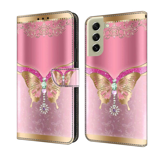 For Samsung Galaxy S21 FE 5G Crystal 3D Shockproof Protective Leather Phone Case(Pink Bottom Butterfly)