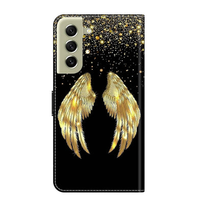 For Samsung Galaxy S21 FE 5G Crystal 3D Shockproof Protective Leather Phone Case(Golden Wings) by buy2fix