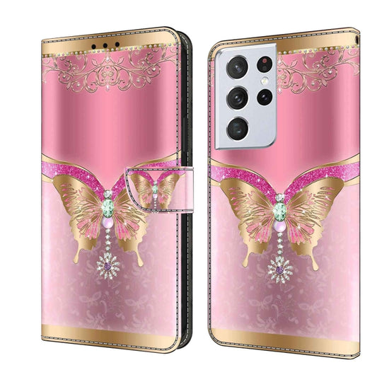 For Samsung Galaxy S21 Ultra Crystal 3D Shockproof Protective Leather Phone Case(Pink Bottom Butterfly) - Galaxy S21 Ultra 5G Cases by buy2fix | Online Shopping UK | buy2fix